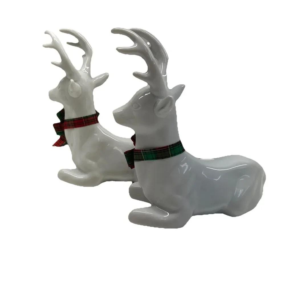 Pair (2) White Ceramic Glazed Christmas Deer Figurines‎ - House of Lloyd